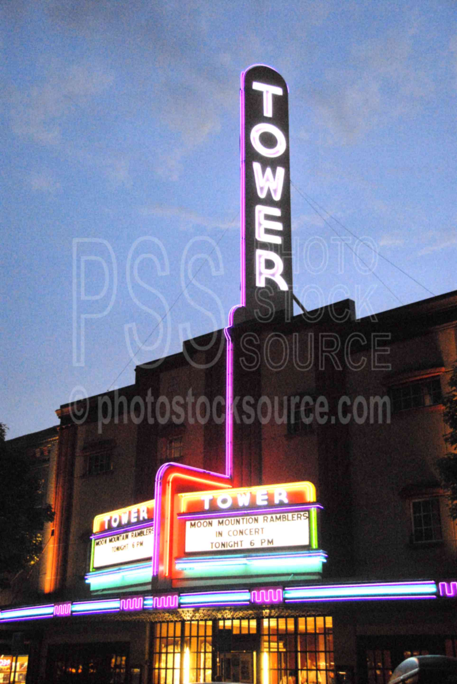 Tower Theater,cinema,movie house,theater,theatre,entertainment,sign,neon,movies,signs symbols flags,movie theaters