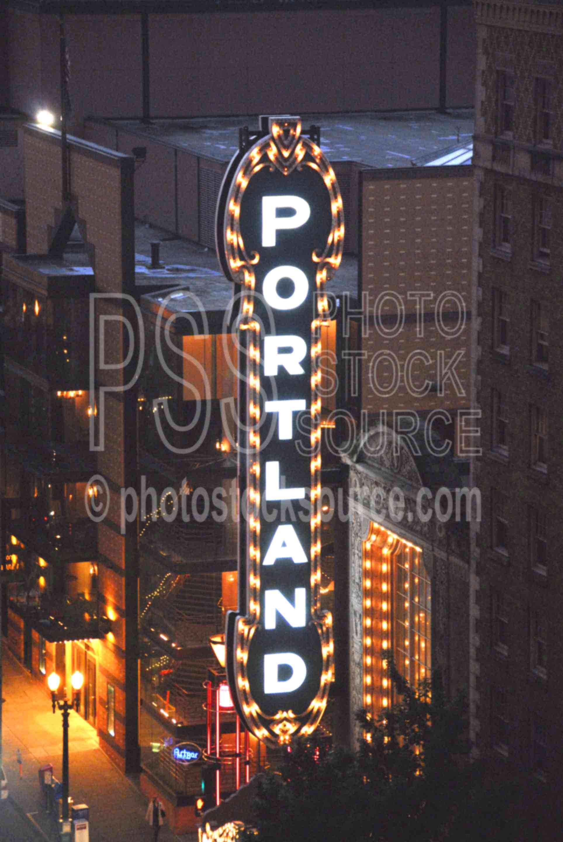 Portland Theater,landmark,neon sign,cinema,city,marquee,signs symbols flags,cities