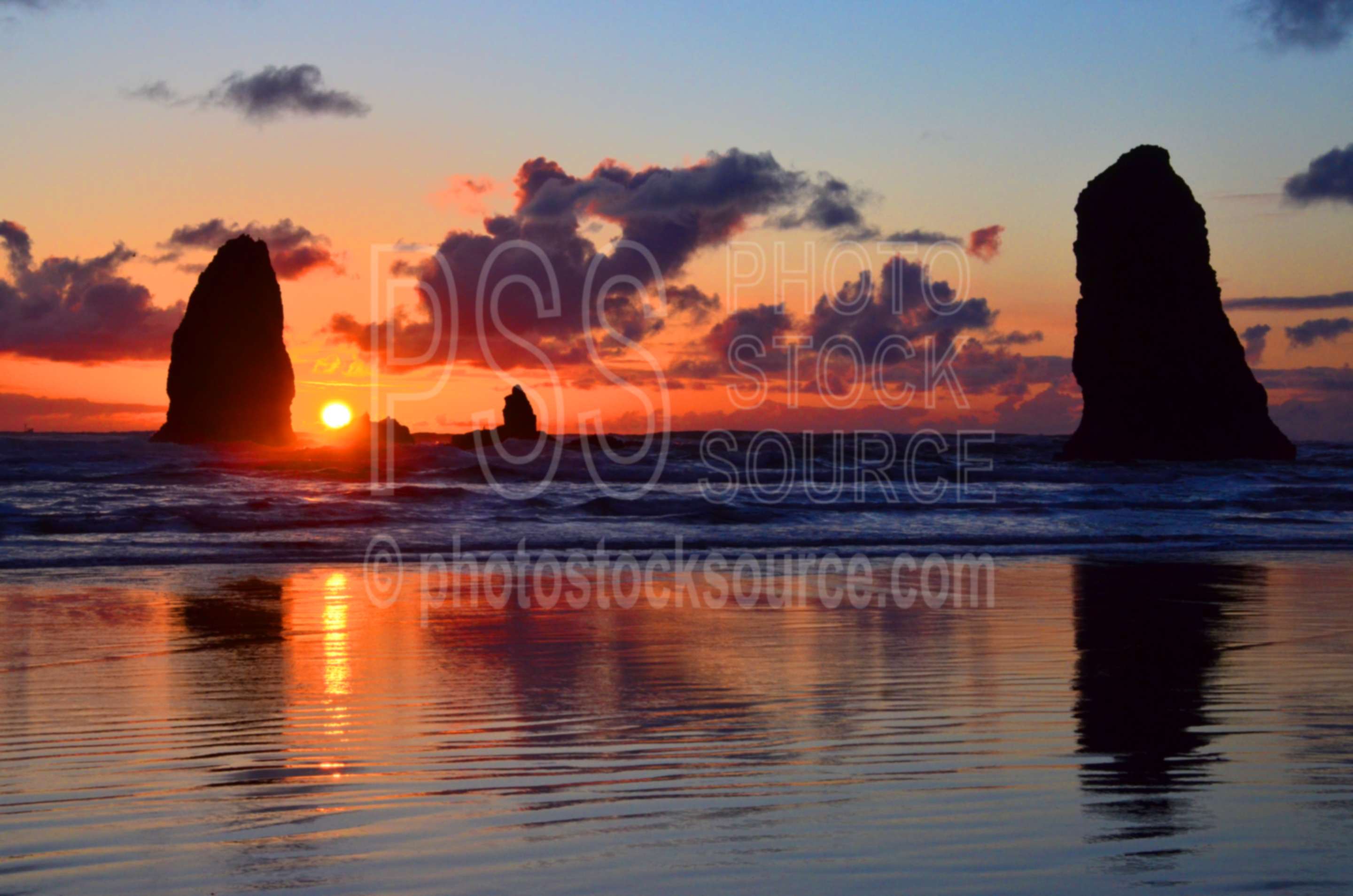 The Needles at Sunset,rocks,seastacks,coast,beach,clouds,sunset,haystack rock,the needles