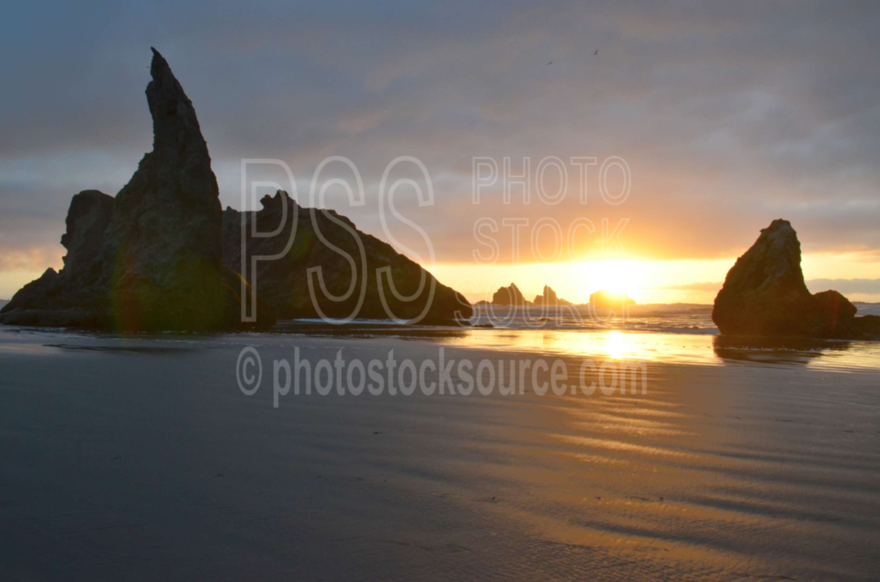 Sea Stacks at Sunset,rock,beach,sand,sea stacks,clouds,sunset