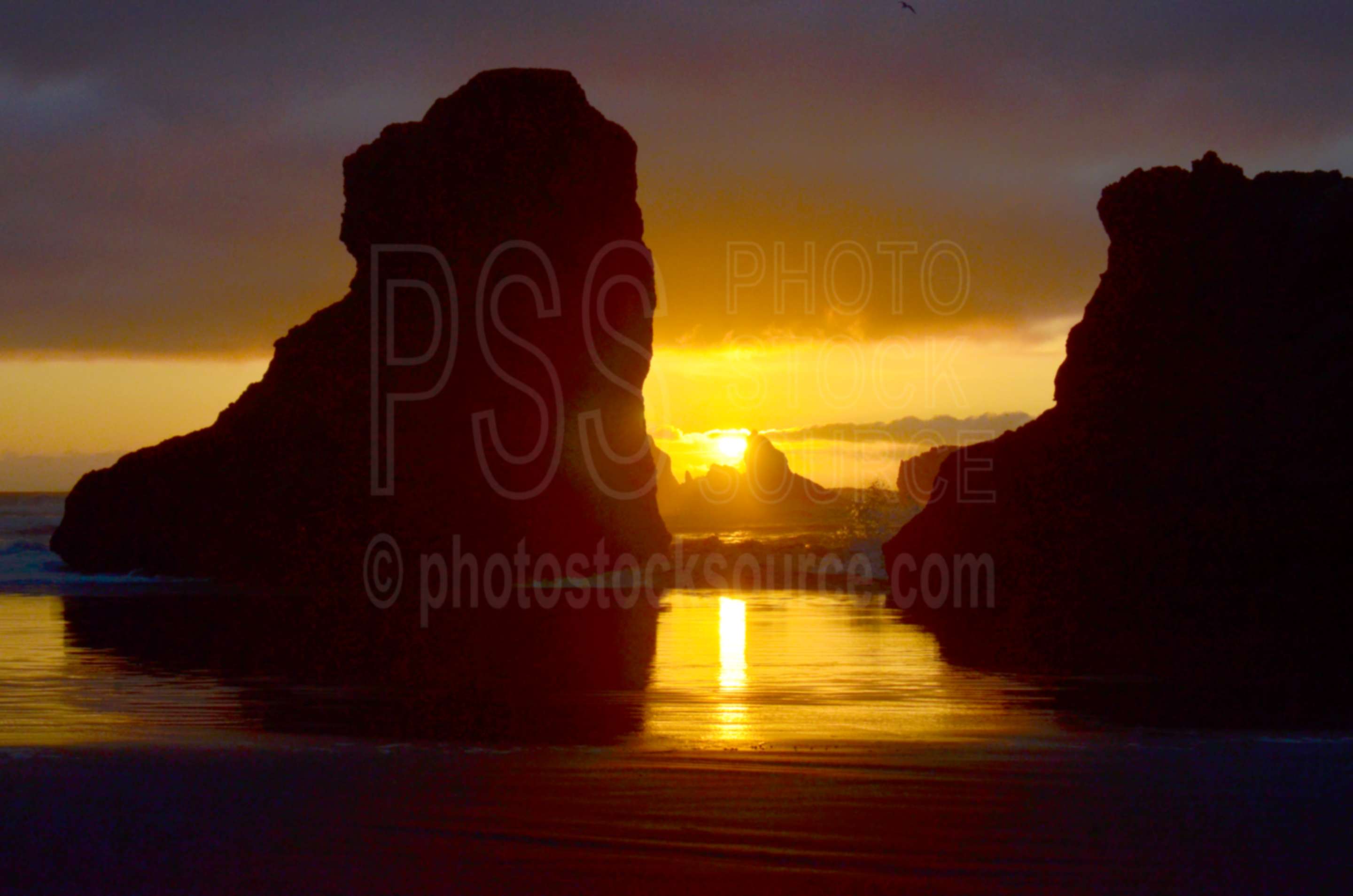 Sea Stacks at Sunset,rock,beach,sand,sea stacks,clouds,sunset