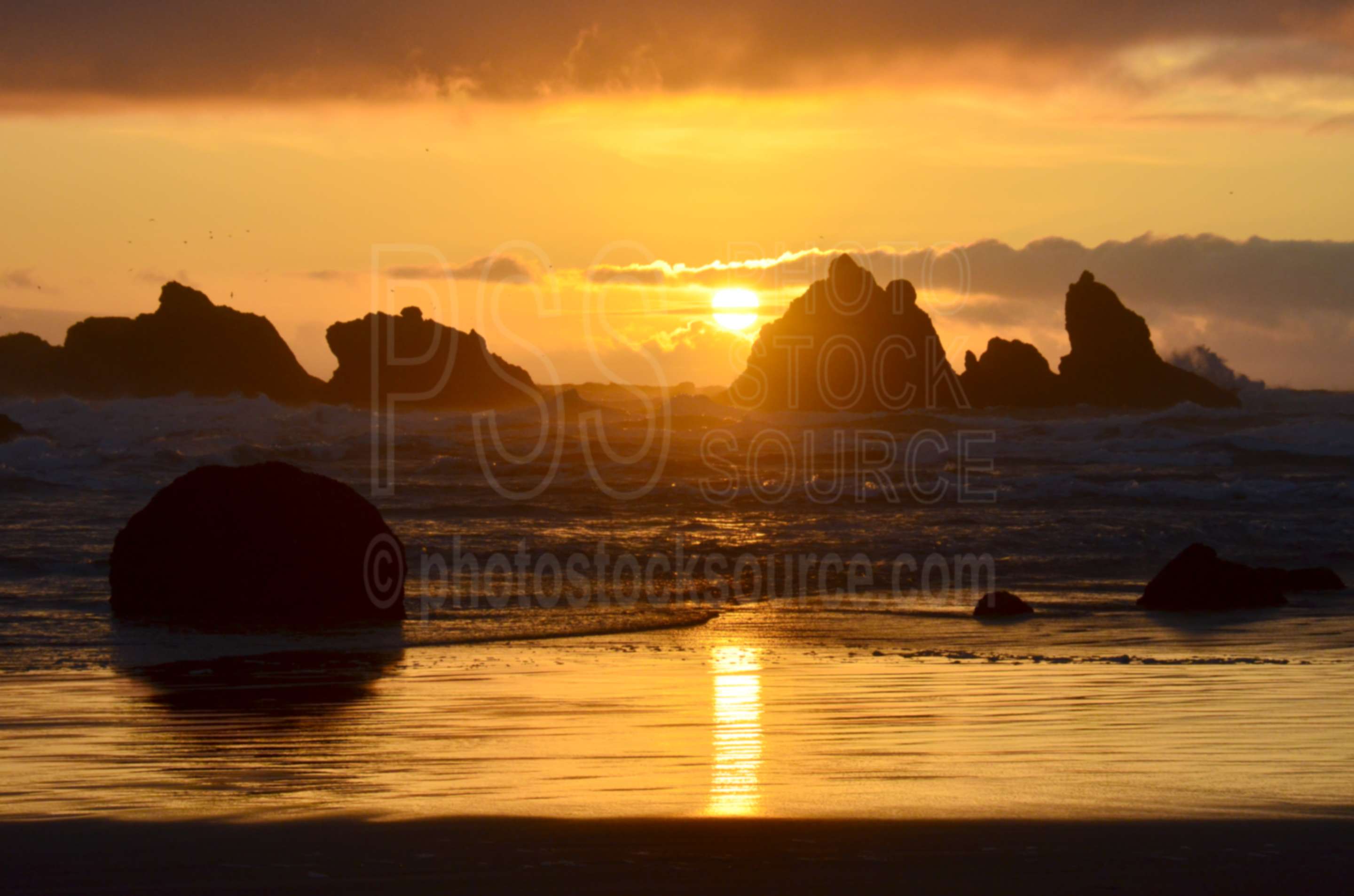 Cat and Kitten Rocks at Sunset,rock,beach,sand,sea stacks,clouds,sunset