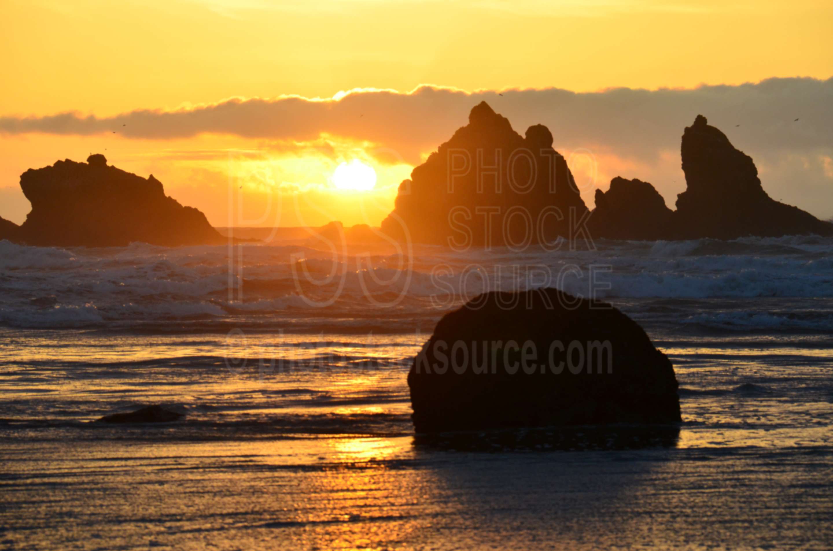 Cat and Kitten Rocks at Sunset,rock,beach,sand,sea stacks,clouds,sunset