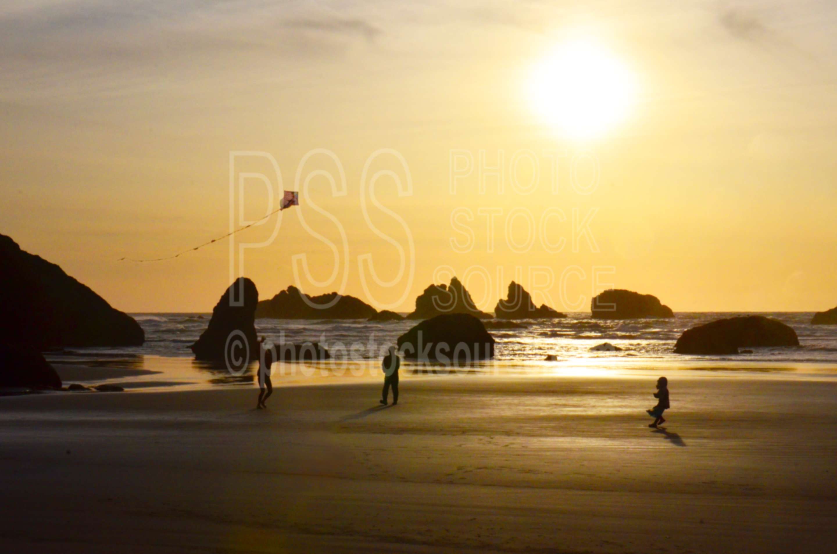 Family Flying Kite at Sunset,beach,kite,flying,family,people,playing,rocks,sunset